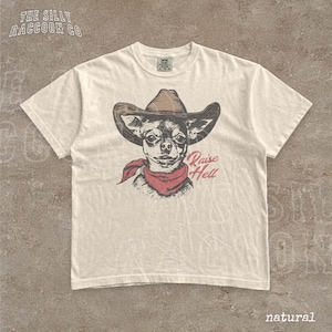 A white t-shirt with a graphic design of a dog wearing a cowboy hat and a red scarf, along with the text "Raise Hell" printed on it.