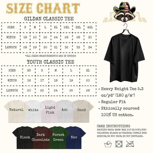 The image is a size chart for a t-shirt, providing measurements and corresponding t-shirt designs for different age groups and weight categories.