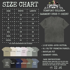 The image is a size chart for a garment dyed t-shirt from the RACCOON CO. comfort colors, including various sizes and styles.