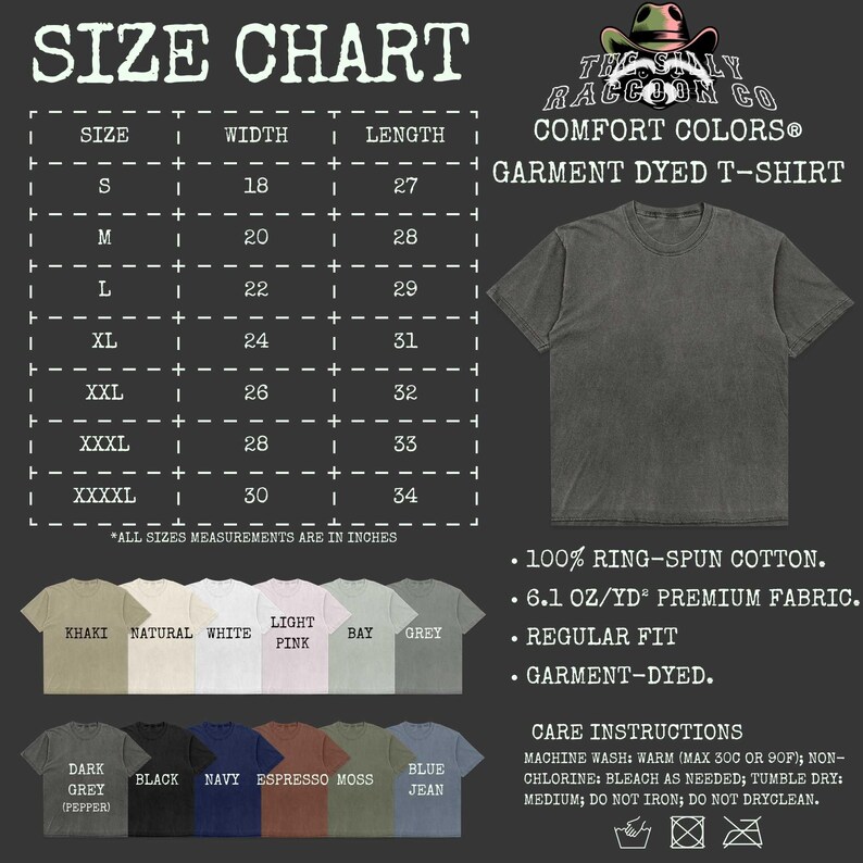 The image is a size chart for a garment dyed t-shirt from the RACCOON CO. comfort colors, including various sizes and styles.