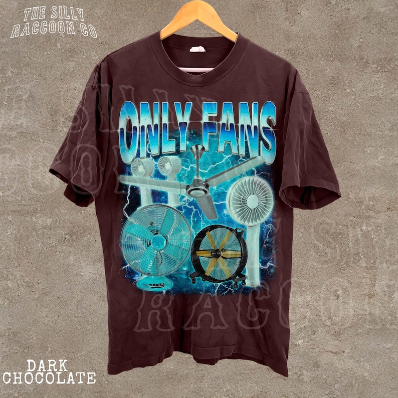 A dark brown t-shirt with a graphic design featuring a fan surrounded by lightning and text that reads "ONLY FANS".