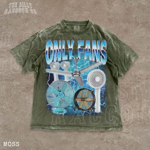 A t-shirt with a graphic design featuring various fans and a lightning bolt background.