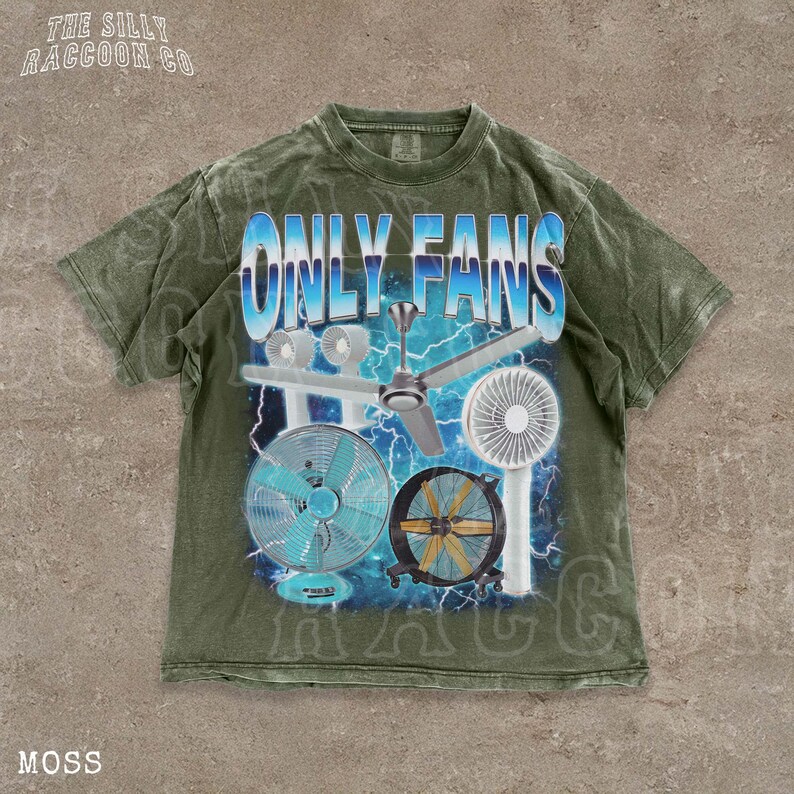 A t-shirt with a graphic design featuring various fans and a lightning bolt background.