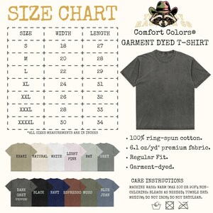 The image is a size chart for a garment dyed t-shirt from the brand "TIGER RACING CO." It provides measurements for different sizes, including "S", "M", "L", "XL", "XXL", "XXL", and "XL" along with corresponding widths and lengths. The chart also includes a list of color options and sizes, along with care instructions for washing and drying the t-shirt.