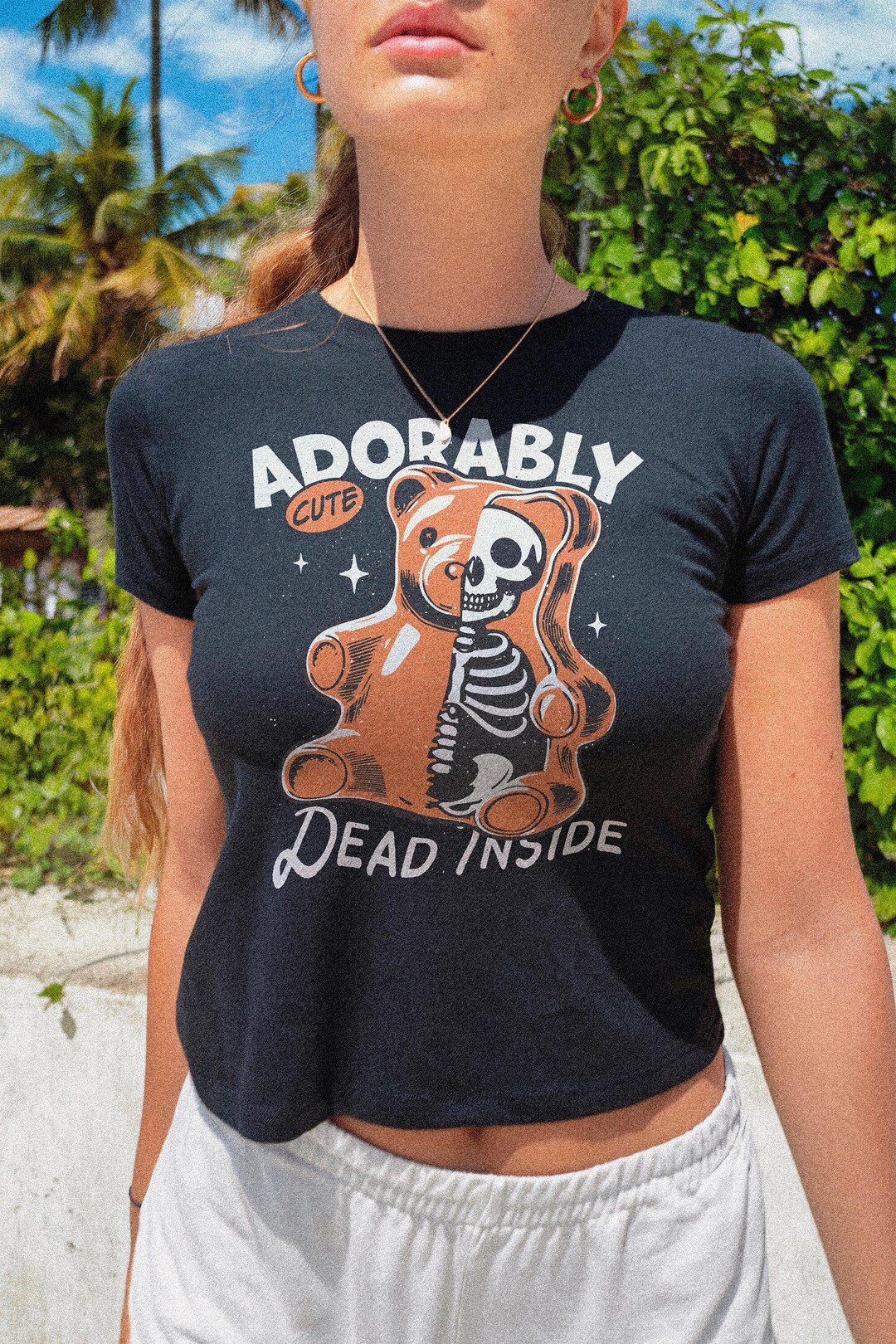 Adorably Cute Dead Inside Crop Top Skeleton Teddy Bear Graphic Tee