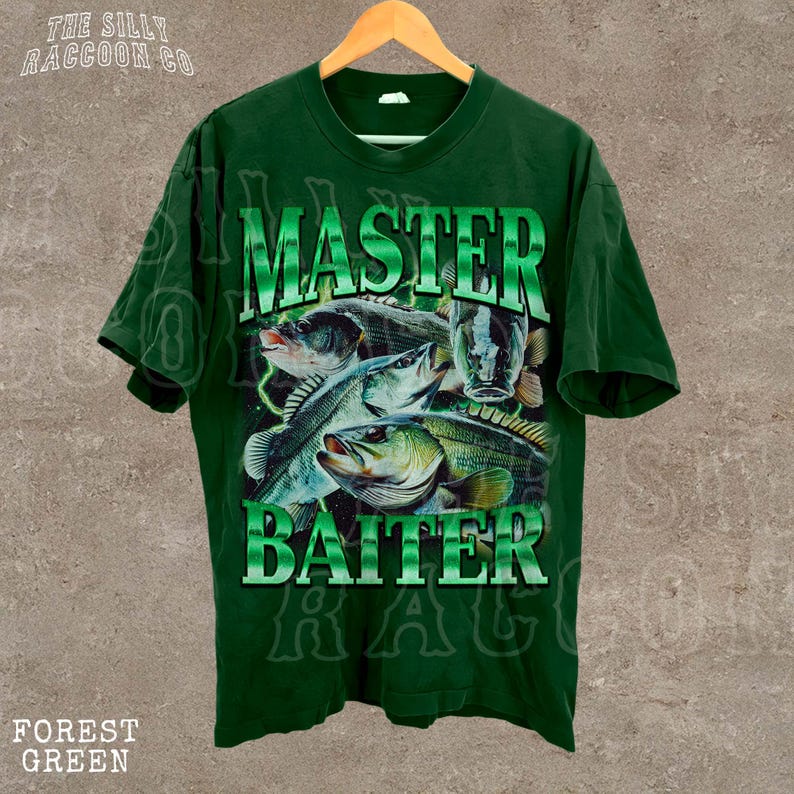 A green t-shirt with a graphic design featuring fish and the text "MASTER BAITER" printed on it.
