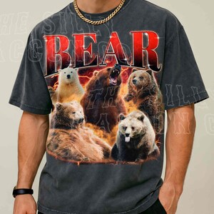 A man wearing a t-shirt with a graphic design featuring a group of bears.