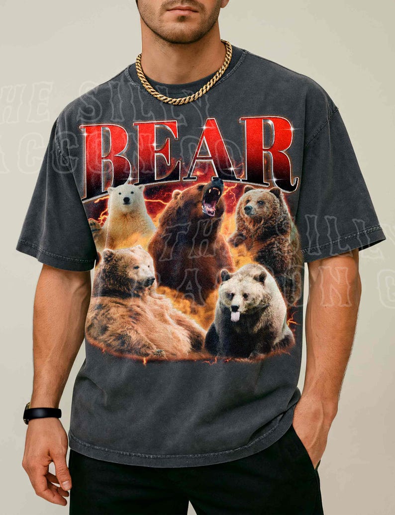 A man wearing a t-shirt with a graphic design featuring a group of bears.