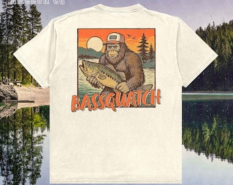 Bassquatch Tee, Vintage Bigfoot Fishing Shirt for Men Women Cryptid Tee, Retro Fisherman Bass T-shirt, Funny Outdoors Gift for Him,