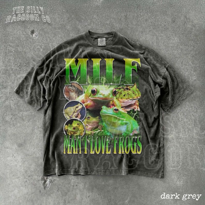 A dark grey t-shirt with a graphic design featuring multiple images of frogs.