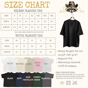 The image is a size chart for a GILDA Classic T-shirt, including a youth classic T-shirt, with a black t-shirt hanging on a hanger. The chart provides measurements for different sizes, such as S, M, L, XL, XXL, and XS, along with corresponding widths and lengths. The chart also includes a description of the t-shirt, stating that it is a heavy weight tee with a regular fit, ethically sourced, and 100% cotton.