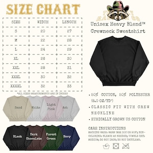 The image is a size chart for a crew neck sweatshirt, including a black crew neck sweatshirt, a crew neck sweatshirt in a lighter color, and a crew neck sweatshirt in a darker color. The chart provides measurements for different sizes, such as S, M, L, XL, XXL, and XXXL, and lists the corresponding crew neck sweatshirt styles.