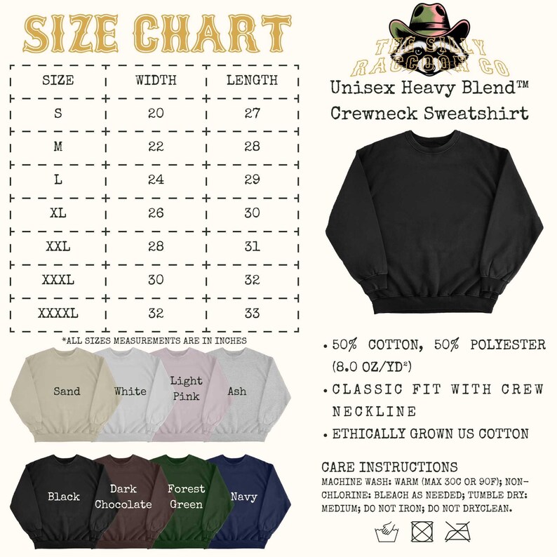 The image is a size chart for a crew neck sweatshirt, including a black crew neck sweatshirt, a crew neck sweatshirt in a lighter color, and a crew neck sweatshirt in a darker color. The chart provides measurements for different sizes, such as S, M, L, XL, XXL, and XXXL, and lists the corresponding crew neck sweatshirt styles.