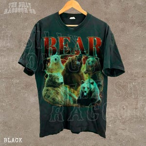 A black t-shirt with a graphic design featuring a group of bears.