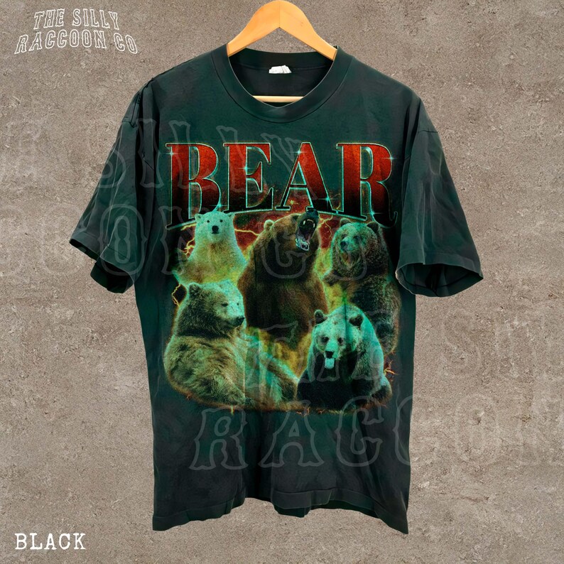 A black t-shirt with a graphic design featuring a group of bears.