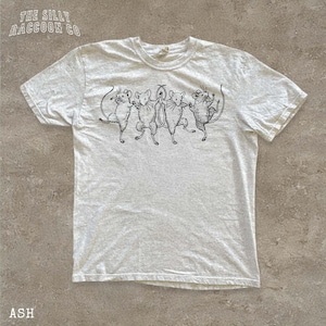 A white t-shirt with a graphic design of five mice standing on their hind legs, arranged in a line.