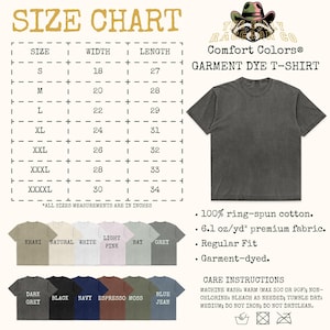The image is a size chart for a garment dye t-shirt from the brand "TIGER RACING CO." It provides measurements for different sizes, including "S", "M", "L", "XL", "XXL", "XXI", "XII", "XIIX", and "XII". The chart also includes a list of color options and corresponding sizes, along with care instructions for washing and drying the t-shirt.