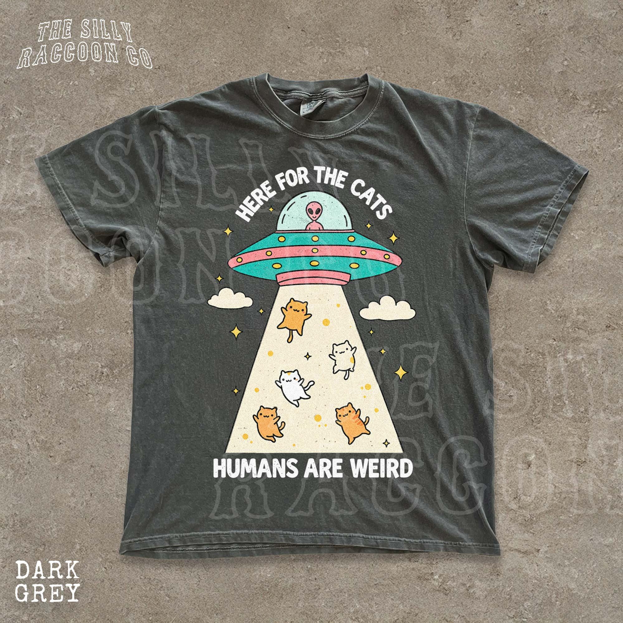 Funny Cat Shirt Here for the Cats Humans Are Weird Vintage Cartoon Tee ...
