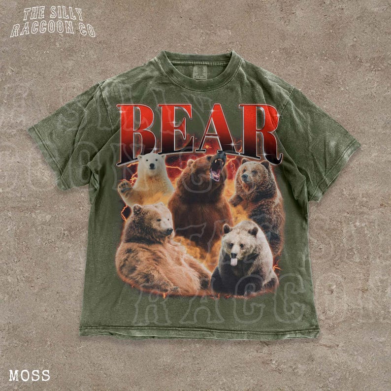 A t-shirt with a graphic design featuring a group of bears in various poses, including one bear with its mouth open.