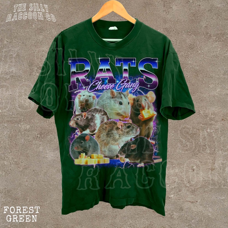 A green t-shirt with a graphic design featuring a group of rats and cheese pieces.