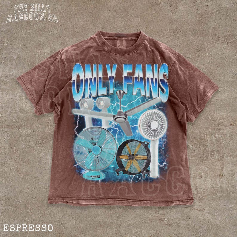 A brown t-shirt with a graphic design featuring various fans and a lightning bolt.