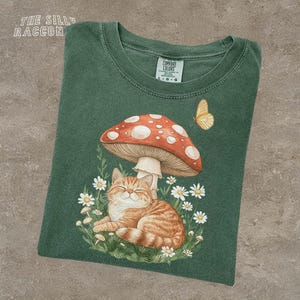 Cat Mushroom Comfort Colors T-Shirt | Cottagecore Aesthetic Tee | Nature Lover Gift | Fairy Garden Top |  Botanical Cat Lover Gift