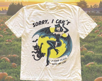 Retro Pin-Up Bat Girl Sorry I Can&#39;t - Have Plans with My Cat T-Shirt - Spooky Season Shirt - Funny Cat Lover Halloween Shirt | Cat Mom Gift