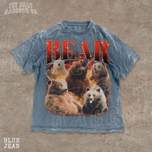 A t-shirt with a graphic design featuring a group of bears, including a large bear in the center surrounded by smaller bears.