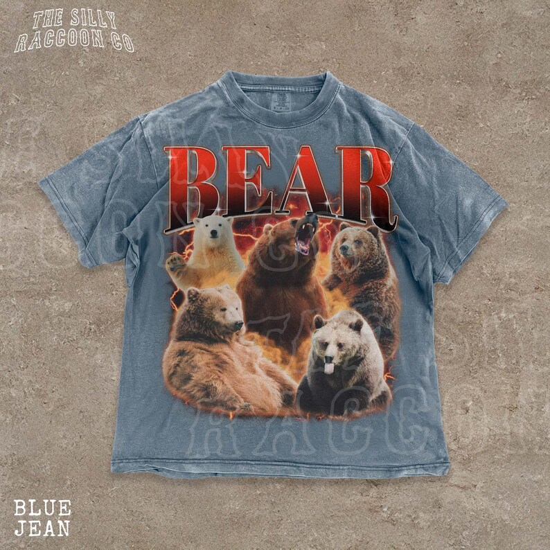 A t-shirt with a graphic design featuring a group of bears, including a large bear in the center surrounded by smaller bears.