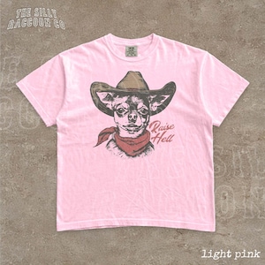 A pink t-shirt with a graphic of a dog wearing a cowboy hat and a red scarf, along with the text "Raise Hell" printed on it.