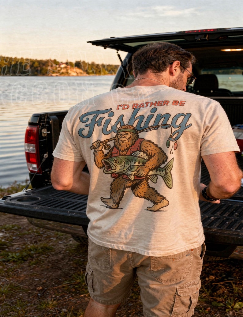 A man standing in front of a truck with a t-shirt featuring a cartoon fish and the text "I'D Rather Be Fishing".