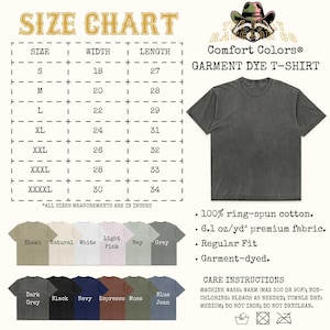 The image is a size chart for a garment dye t-shirt from the brand "TIGER TACTS CO." It provides measurements for different sizes, including "S", "M", "L", "XL", "XXL", "XXL", and "XL" along with corresponding widths and lengths. The chart also lists the garment dye t-shirt's features, such as 100% ring-spun cotton, 6.1 oz/yd premium fabric, and regular fit. Additionally, the chart provides care instructions for the garment, including washing, drying, and ironing.