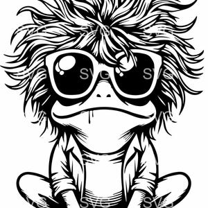May include: A black and white illustration of a frog wearing sunglasses and a jacket. The frog has a large, spiky hairstyle.