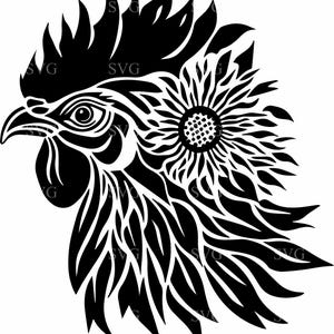 May include: Black and white silhouette of a rooster's head with a sunflower design. The rooster's head is facing left and the sunflower is centered on the rooster's head.