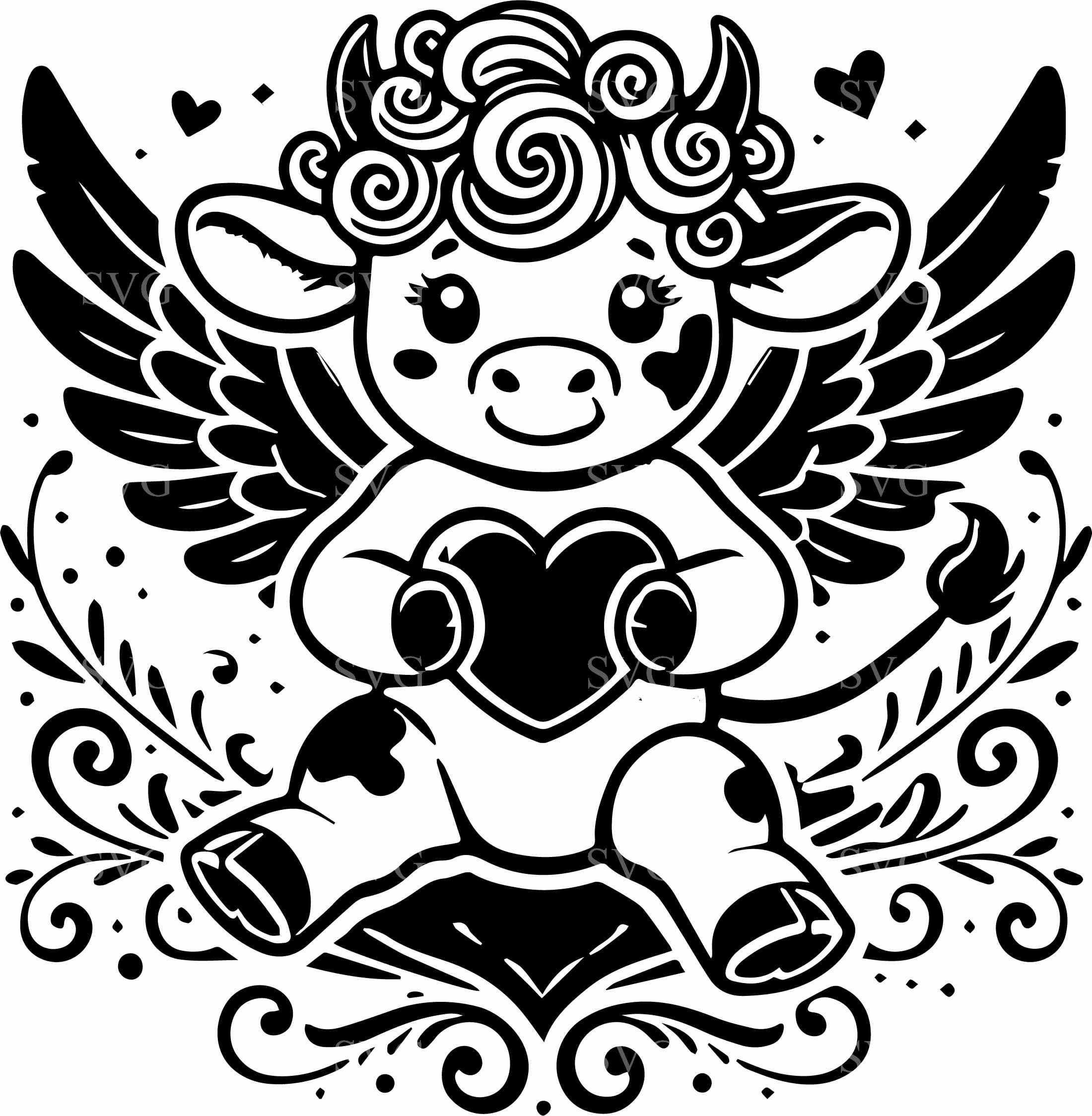 Angel Cow SVG 4 Cut File | Adorable Winged Cow Holding Heart Clipart ...