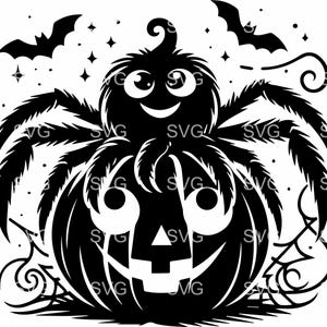 7 file SVG di Halloween Spider 7 / Ragno spaventoso e carino su zucca con ragnatele / Clipart spettrale per Cricut e Silhouette