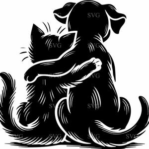 6 SVG de perros y gatos abrazándose, 6 lindas siluetas de mascotas con mariposas, archivo de corte digital de amistad para manualidades DIY