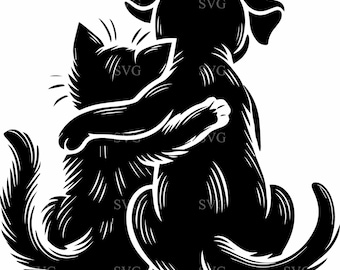 6 Dog and Cat Hugging SVG, 6 Cute Pet Silhouette with Butterflies, Friendship Digital Cut File for DIY Crafts