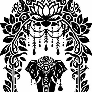 May include: Black and white illustration of an elephant with ornate headwear, framed by a floral arch and lotus flower. The design features intricate details and a symmetrical composition, evoking a sense of cultural artistry.