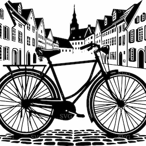 4 File di taglio SVG per paesaggio urbano in bicicletta - Clipart di biciclette da strada europee - Design di viaggio urbano per Cricut e Silhouette Crafts