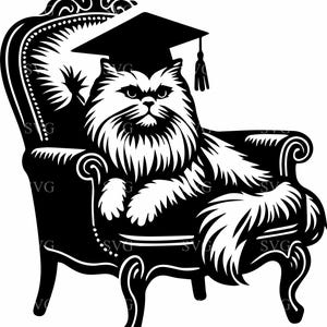 Graduation Cat SVG 7 Cut File, ausgefallene flauschige Katze mit Mütze auf verziertem Stuhl, elegante Haustier Silhouette, digitaler Download