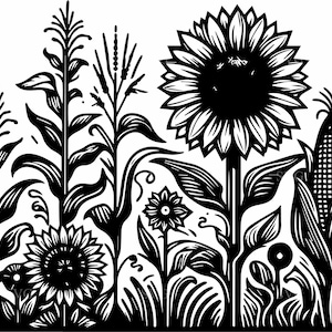 May include: Black and white illustration of a field of sunflowers and corn stalks. The image features detailed linework, depicting the plants with their leaves, flowers, and stalks. The design is suitable for a variety of craft projects.