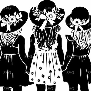 Archivo SVG de 4 cortes de hermanas: Tres niñas con sombreros florales de la mano, silueta infantil vintage, descarga digital