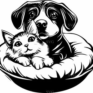 6 file SVG di cani e gatti, silhouette di amici a letto, clipart di amanti degli animali per Cricut, incisione laser, sublimazione