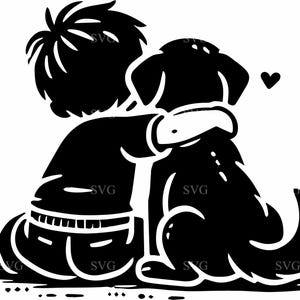 Junge und Hund Umarmung SVG, 5 Kinder und Welpen Silhouette geschnitten Datei, Haustier Liebe Clipart für Cricut, Silhouette Projekte