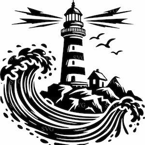Stormy Lighthouse SVG 4 fichier coupe - scène côtière avec vagues et gyrophare - Clipart nautique pour travaux manuels