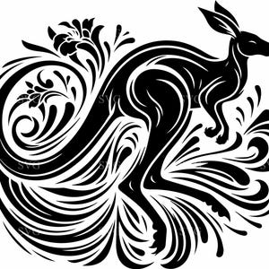 May include: A black silhouette graphic of a kangaroo integrated into a swirling floral pattern. The design features a leaping kangaroo surrounded by intricate, flowing leaf-like shapes and curved lines, creating a circular composition.