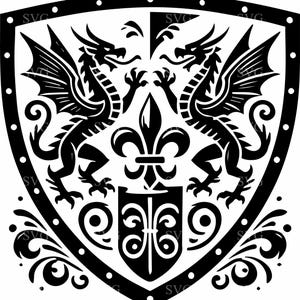 Puede incluir: Ilustración en blanco y negro de un escudo heráldico con dos dragones enfrentados, una flor de lis y un escudo más pequeño en el centro.