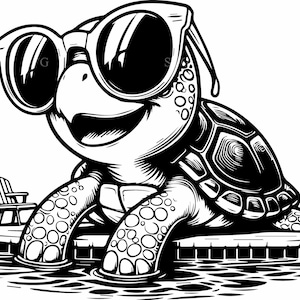 Peut inclure: Illustration en noir et blanc d'une tortue souriante portant des lunettes de soleil. La tortue est sur une plateforme circulaire avec une petite chaise, suggérant une scène de plage. L'image est un dessin au trait détaillé.
