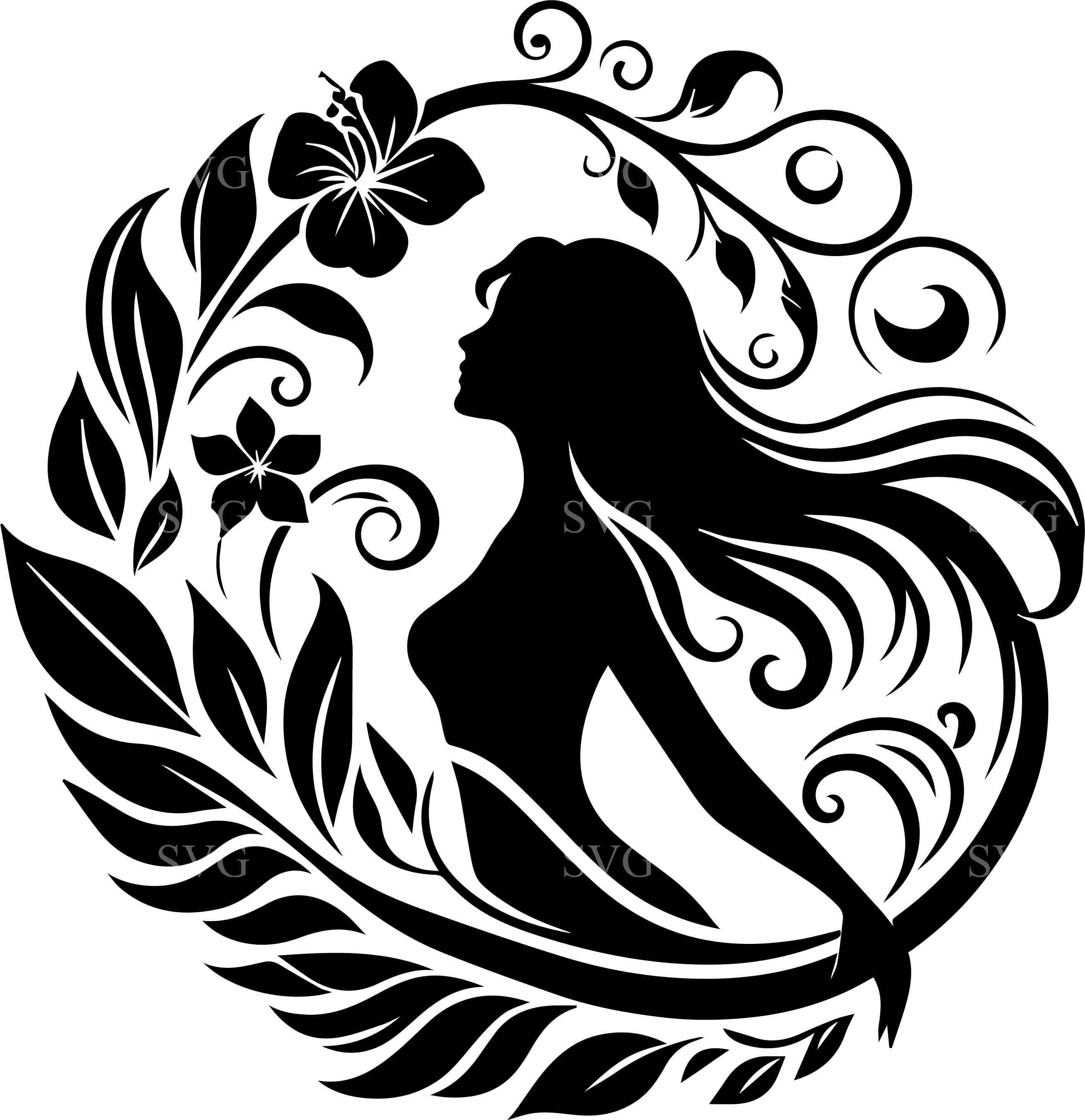 印象派風 油彩画 女性のシルエット 8つの女性リースSVG、花柄シルエットクリップアート、エレガントで